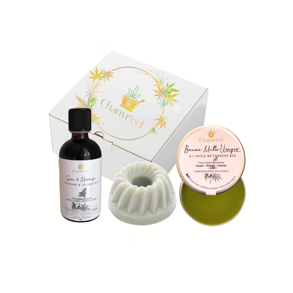 Coffret complet avec baume multi-usages, huile de soin/massage et savon Kougelhanf pour une routine naturel et réparatrice.
