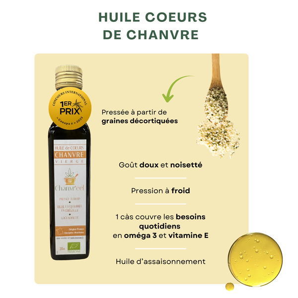 Huile vierge de coeurs chanvre (graines décortiquées) bio chanvr'eel