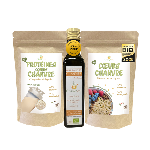 Pack essentiels protéines 60% coeurs de chanvre + coeurs de chanvre + huile de chanvre bio vierge Chanvr'eel